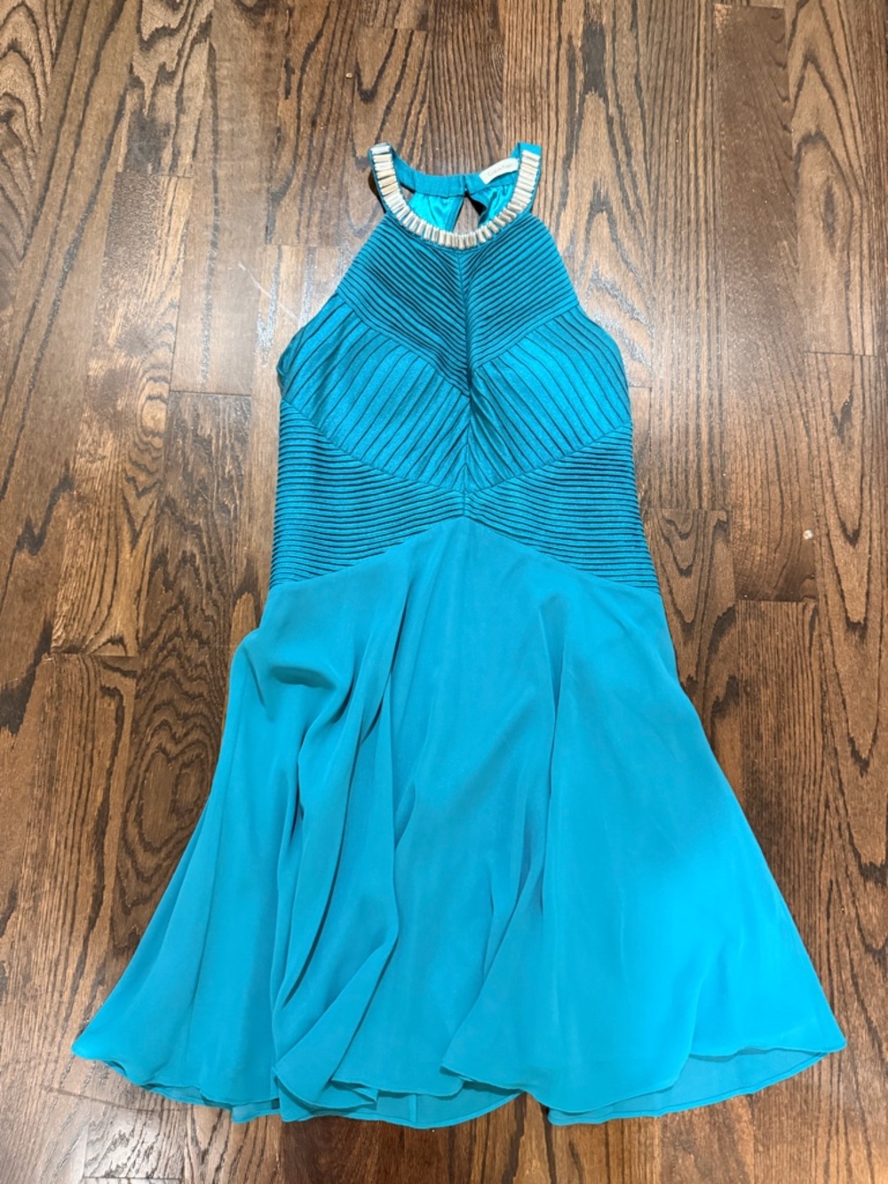 Calvin Klein Teal One-Shoulder Cocktail Dress with Beaded Neckline